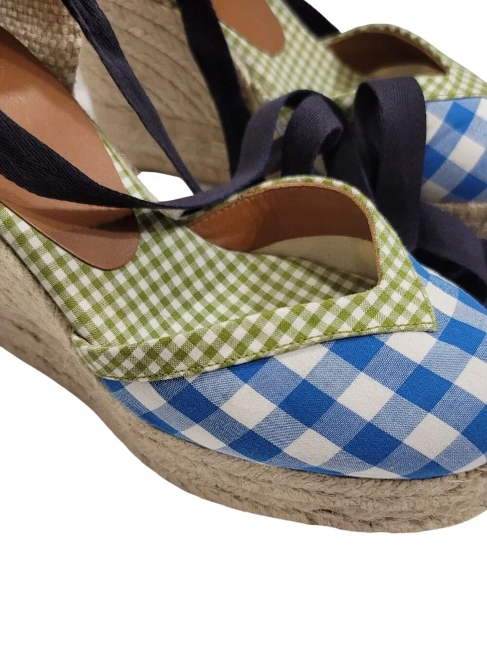 Castaner Womens Espadrille Wedges Blue Gingham Print Lace-Up Size 35